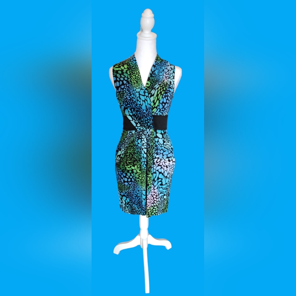 Green & Blue Cheetah Print Sleeveless Dress | Sz Small | Unique & Flattering